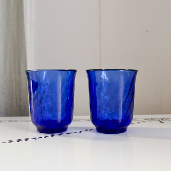 Pair of Cobalt Blue Juice Glasses- Torsade Saphir by Arcoroc France