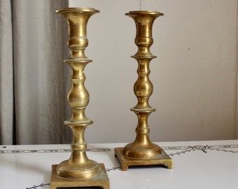 Pair of Large Brass Geometric Candlesticks