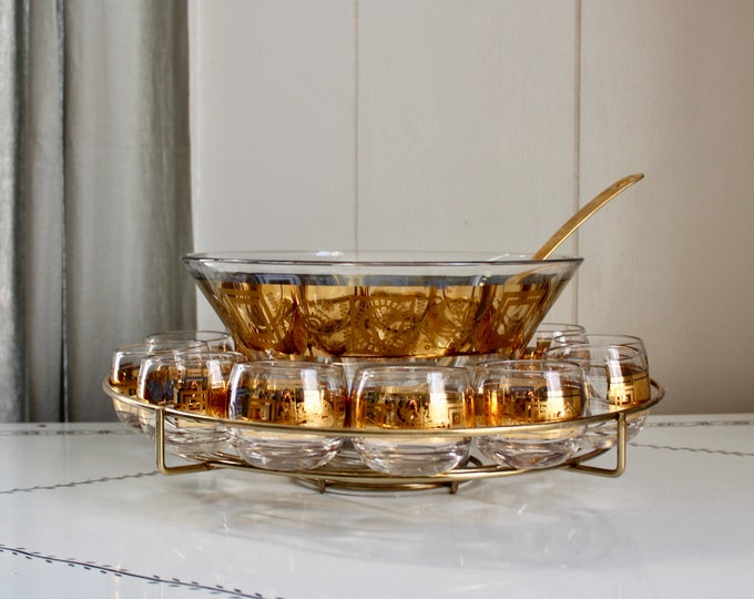 Gold Leaf Punch Bowl Set by Culver Glass Company Etsy