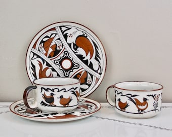 Mid Century Birds Ceramic Dinner Set for Two