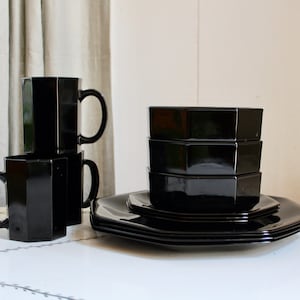 Collection of Black Arcoroc Dining Pieces in Octime Black Pattern, Setting for 3