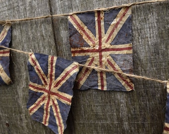 Union Jack Bunting, Hand Painted Flag, Primitive British Flag Bunting, Gift For Her, United Kingdom Genealogy Gift, Gift For Him, UK Flag