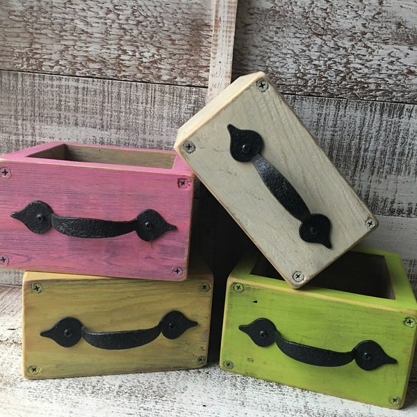 Rustic Painted Upcycled Wood Box with Repurposed Kitchen Cabinet Handles