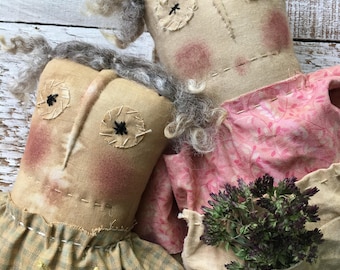 Primitive Handmade Rag Doll, Coffee Stained Muslin Fabric