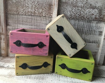 Rustic Painted Upcycled Wood Box with Repurposed Kitchen Cabinet Handles