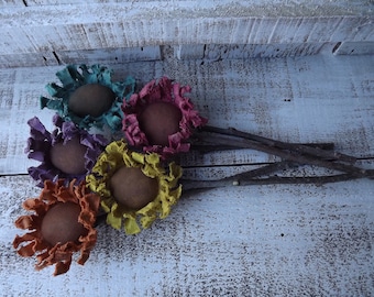 Gerbera Daisy Flower Pokes, Primitive Fabric Daisy, Set of 5