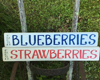 Blueberries Sign, Strawberries Sign, Fresh Blueberries Recycled Wood Painted Sign, Fresh Strawberries Painted Wood Sign