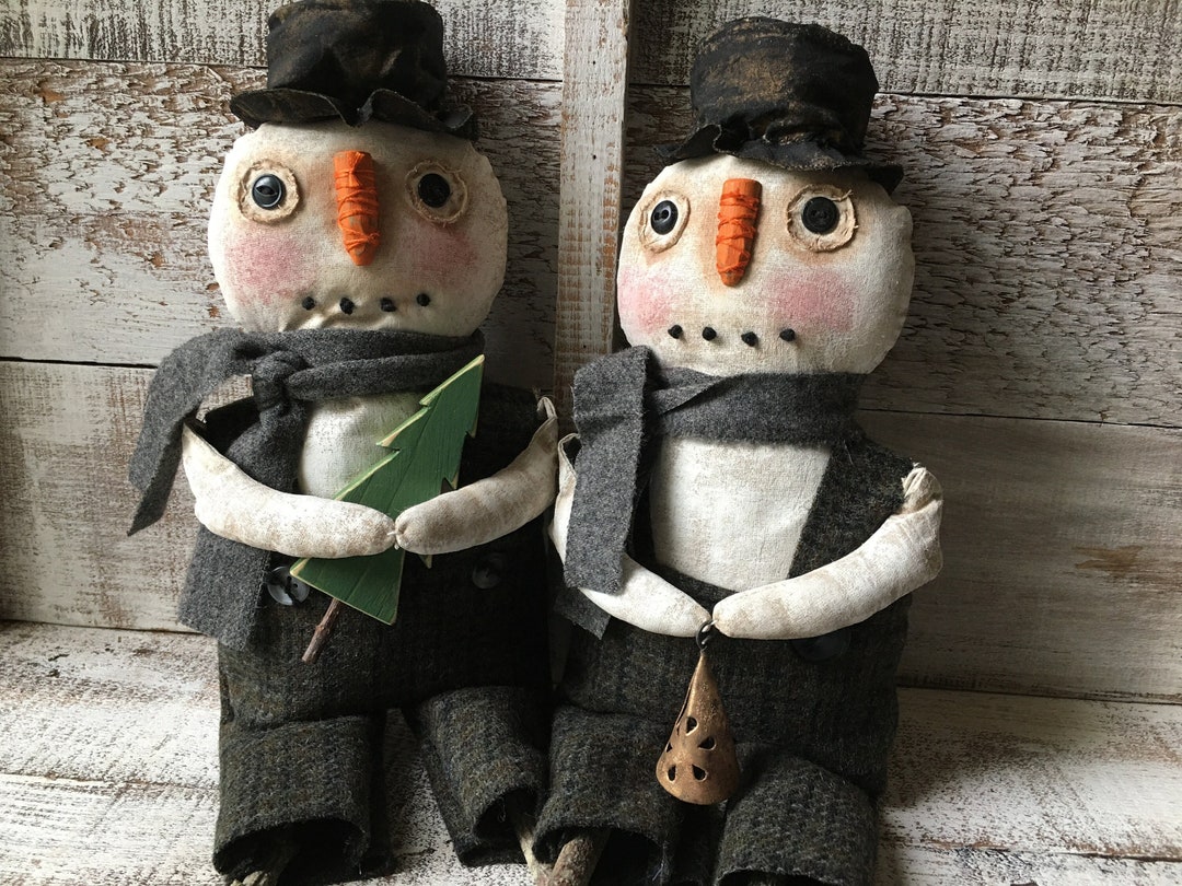 Vintage Look Painted Cloth 14 Inch Snowman Rag Doll, Coffee Stained ...