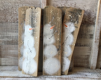 Whimsical Snowman Hand Painted on Recycled/Upcycled Wood