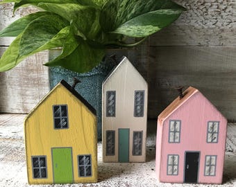 Hand Painted Miniature Houses: Rustic Wood Art Set