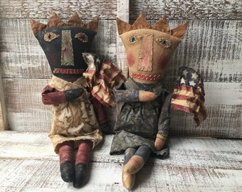 Poupées de chiffon primitives sculptées douces, poupées de chiffon américaines patriotiques faites à la main