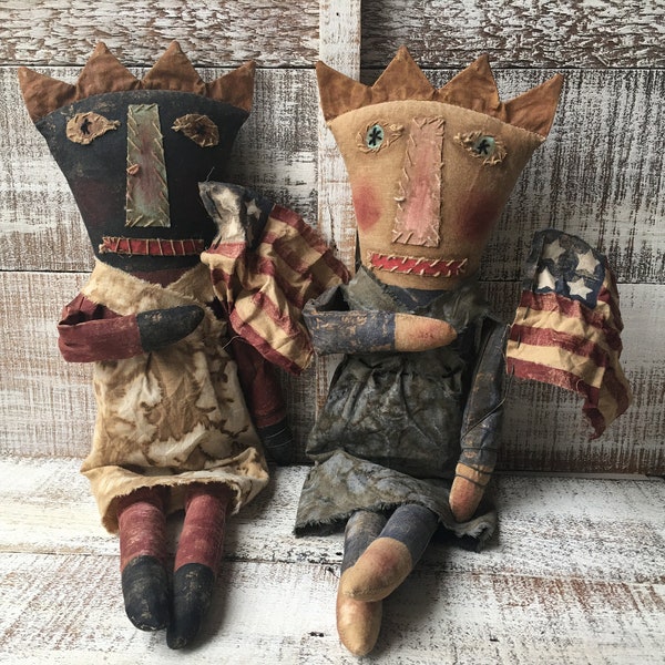 Soft Sculptured Primitive Rag Dolls, Hand Made Patriotic Americana Rag Dolls