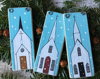 Set of 3 Church Ornaments, Rustic Hand Painted Winter Scene Church, Christmas Church Ornaments
