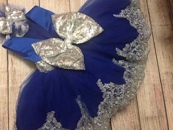 blue and silver sequin dress