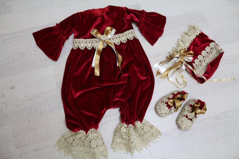 Vintage lace red and gold romper set
