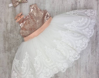 Gold Rose and White Lace Dress With Peach Belt and Bow - Etsy