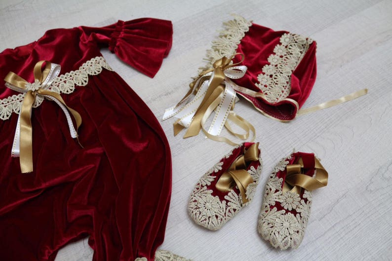 Vintage lace red and gold romper set