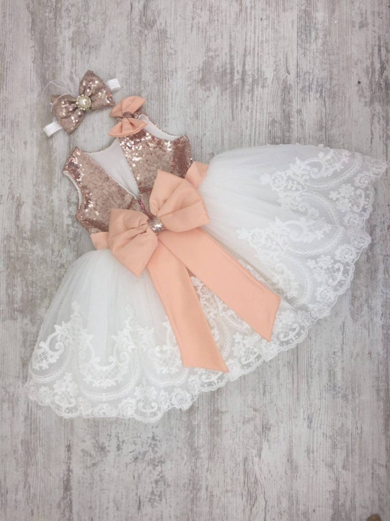 Gold Rose and White Lace Dress With Peach Belt and Bow - Etsy
