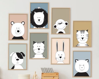 Set of eight Nursery animals printable wall art, gender neutral prints, baby room, 8 wall art printables, kids room decor