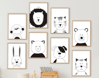 Set of eight Nursery animals printable wall art, black and white contour, baby room, 8 wall art printables, kids room decor