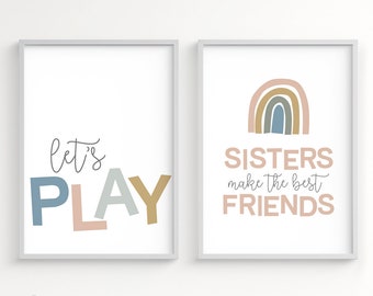 Lets play, Sisters make the best friends, printable wall art set, playroom signs, digital print, girls room art, kids room decor, siblings