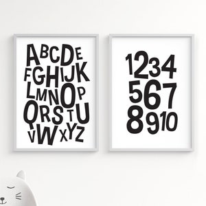 Monochrome druckbare Wandkunst ABC & ZAHLEN Set von zwei, schwarz-weißen Lerndrucken Alphabet, Anzahl 1-10 Playroom digitale Downloads