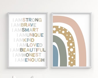 Kids affirmation, Rainbow printable wall art, growth mindset, I am enough quote, set of two bedroom posters, empowering, calm down corner