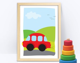Red car art kids room, car nursery decor, nursery wall art, digital print download, car wall decor, children instant download, boys room