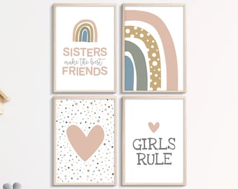 Printable wall art, Set of 4, Girls room decor, Girls rule, sisters make the best friends, rainbow, heart print, playroom signs