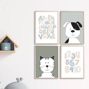 Printable wall art, Set of 4, playroom decor, dog and cat, alphabet, numbers, abc and counting to 10, neutral gender colors, boys and girls