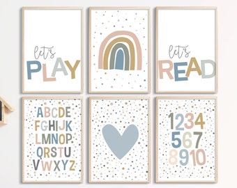 Set of 6 Playroom Printable wall art  kids  posters, Alphabet and numbers, Lets Play, Lets Read, rainbow, blue hearts, neutral room decor