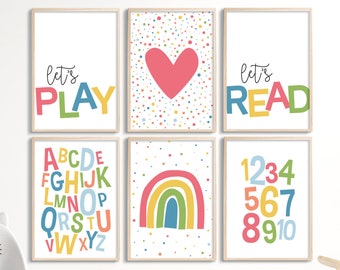 Colorful Printable wall art, set of 6 Playroom kids posters, Alphabet and numbers, Lets Play, Lets Read, rainbow, heart, neutral room decor