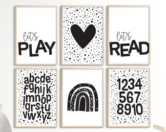 Set of 6 monochrome Playroom Printable wall art, black and white kids room decor, Lets Play, Lets Read, Alphabet, numbers, Rainbow, heart