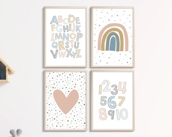 Set of 4 Printable wall art, Girls room decor, Alphabet and number 1-10, rainbow, pink heart, playroom posters, kids room prints