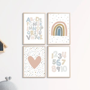 4er Set Druckbare Wandkunst, MädchenZimmer Dekor, Alphabet und Nummer 1-10, Regenbogen, rosa Herz, Spielzimmer Poster, Kinderzimmer Drucke