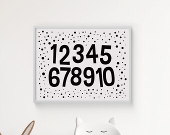 Horizontal numbers 1-10 printable, black and white, landscape orientation, Monochrome Wall Art, Playroom poster, Kids Room Decor