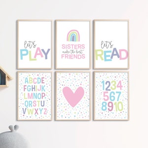 Arte murale stampabile per bambini, set di 6, colori pastello, poster abc, decorazione della sala giochi, stampa delle sorelle, arte della stanza delle ragazze, gioco, segno di lettura, apprendimento