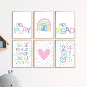 Kid printable wall art, set of 6, rainbow print, pastel colors, abc poster, playroom decor, girls room art, play, read sign, learning