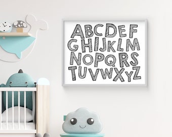Horizontal Alphabet print, Monochrome ABC printable Wall Art, black and white, landscape orientation, Playroom poster, Kids Room Decor