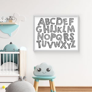 Horizontal Alphabet print, Monochrome ABC printable Wall Art, black and white, landscape orientation, Playroom poster, Kids Room Decor