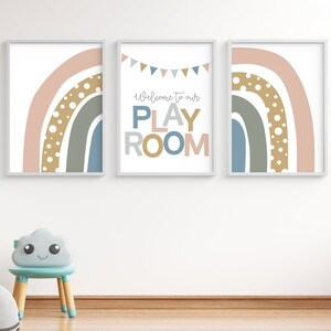 Printable wall art, set of three prints, welcome to our playroom, colorful rainbow, kids room decor