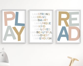 Set of three Printable wall art, kids affirmation, I am enough quote, Play, Read, to download and print, children room decor, homeschool