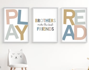 Set of three Playroom Printable wall art, Play, Read, brothers make the best friends, to download and print, boys room decor, modern signs