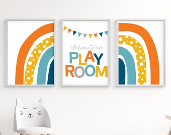 Set of three kids posters, Playroom welcome sign, printable wall art, Rainbow set, toddler prints, neutral gender, boys room decor