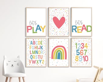 Set of 6 Playroom kids posters, Printable wall art, Colorful neutral room decor, Alphabet and numbers, Lets Play, Lets Read, rainbow, heart