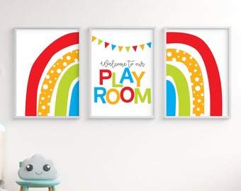 Colorful playroom signs, Printable wall art, Set of three prints, welcome to our playroom, rainbow set, kids room decor, neutral gender