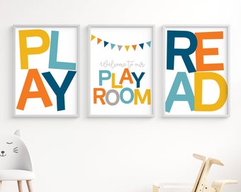 Playroom welcome sign, Set of three kids posters, printable wall art, Play print, Read sign, toddler boys room decor, neutral gender