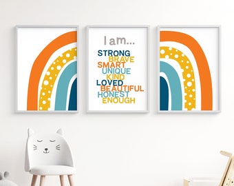Printable wall art, Set of three, kids affirmations, I am enough quotes, Rainbow to download and print, toddler room decor, homeschool