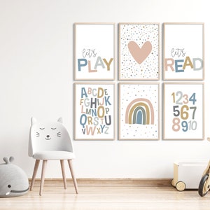 Printable wall art, Set of 6 Playroom kids posters, Alphabet and numbers, Lets Play, Lets Read, rainbow, pink heart, neutral room decor image 1