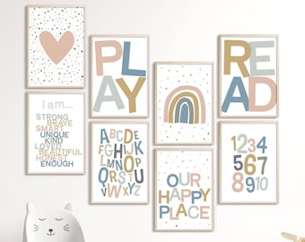 Playroom printable wall art, Set of 8, empowering quotes poster, girls room rainbow, learning alphabet, Play and Read signs, our happy place